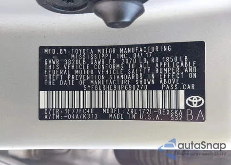 2017 Toyota Corolla Se from USA, damaged, VIN 5YFBURHE9HP690270